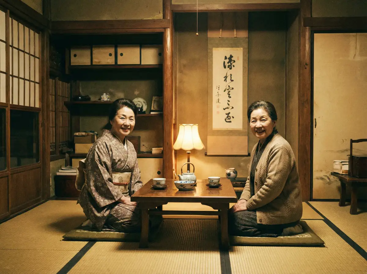 两位优雅的 《帐中香》 金银花原文 在日式茶室中品茶交谈